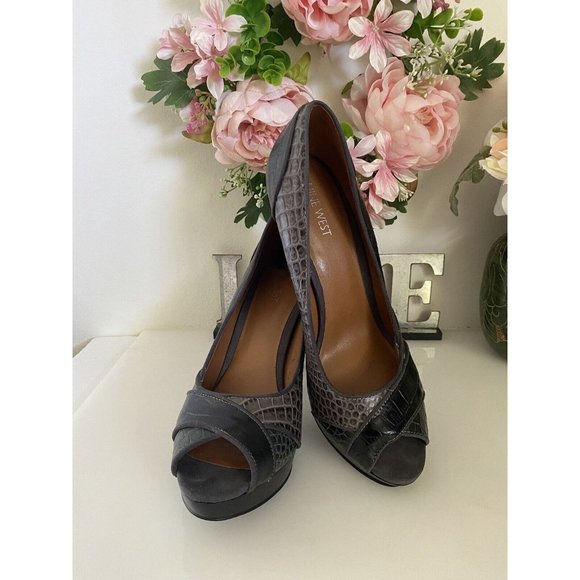 Nine West High Heels 3 Tone Faux Alligator Skin Open Toe 8.5 M Platform Sexy EUC - Picture 5 of 16